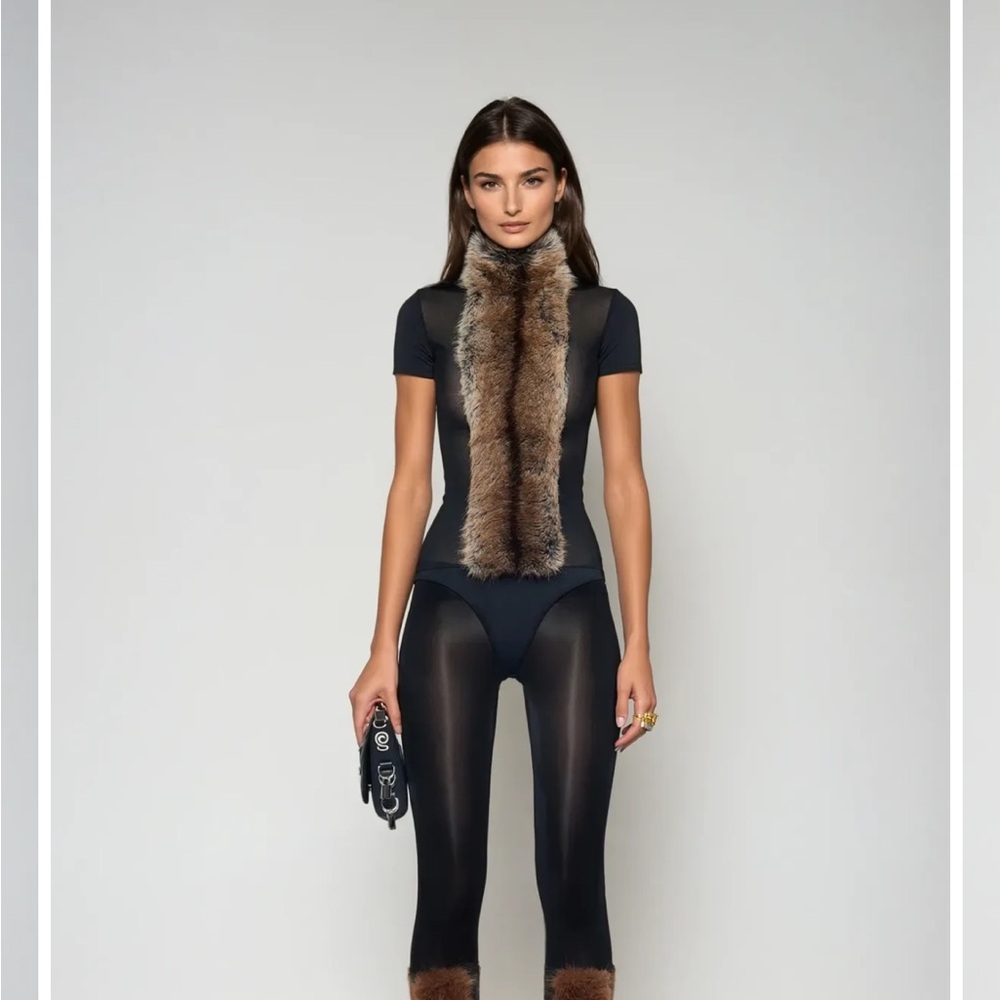 Black Bodysuit with Fur Accents